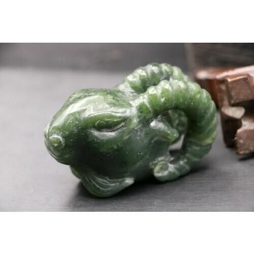 Big Treasure Chinese Vintage Hetian Green Jade Goat Head Bust Animal Totem Carving Amulet $$$ Timestown 20201128A