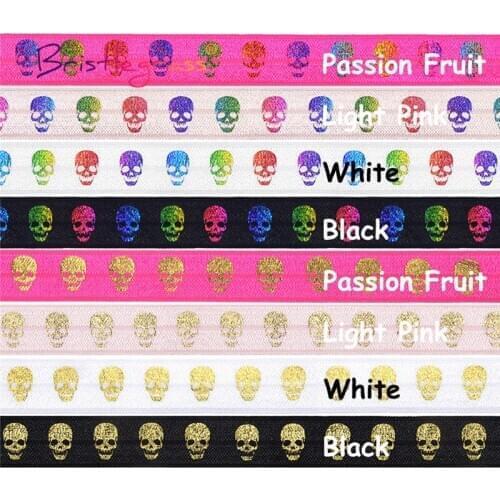 BRISTLEGRASS Combo 8 Yard 5/8" 15mm Rainbow Skull Gold Foil Print Fold Over Elastics FOE Spandex Bands Tape Hair Tie Sewing Trim