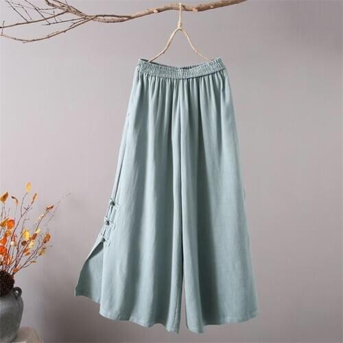 Chinese Style Bottom for Women Cotton Linen Pants Woman Orient High Waist Loose Wide Leg Trousers Split Breathable Casual Outfit