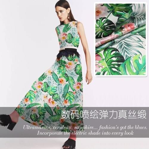 Digital inkjet stretch silk satin fabric palm leaf dress silk fabric satin natural silk fabric material wholesale silk cloth