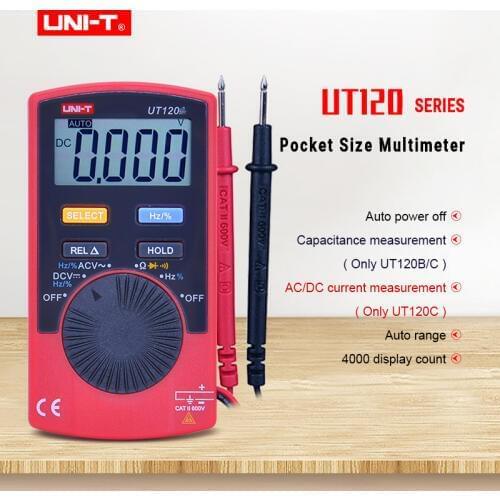 UNI-T UT120A/B/C Mini Digital Multimeter LCD Palm Size Auto Range Multimeter AC DC Voltage Resistance Frequency test Data Hold