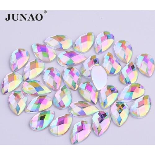 JUNAO AB Color Tear Drop Crystal Rhinestones Decoration Flat Back Glitter Strass Glue on Acrylic Stones Clothing Garment Beads