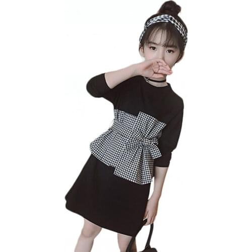Spring School Bow Autumn Toddler Dress Baby Girl Clothes Black Plaid Patchwork Long Sleeve Cotton Dresses For Girls Clothing
