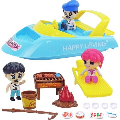 1:12 Forest Animal Family Beach BBQ Set Speedboat Barbecue Grill Miniature Simulation Food Fish Skewers Action Figure Boy & Girl