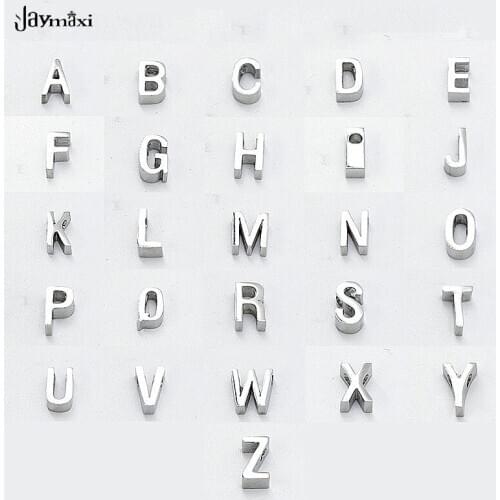Jaymaxi Mirror Polished Stainless Steel Charms 1.8 mm Small Hole Bead 26 English Alphabet Letters A-Z 26piece/set 3*8mm