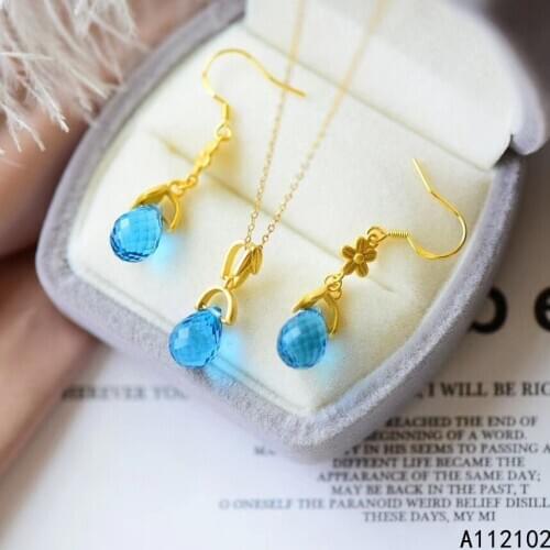 KJJEAXCMY fine Jewelry 925 sterling silver inlaid natural blue topaz new popular pendant earring set support test Chinese style