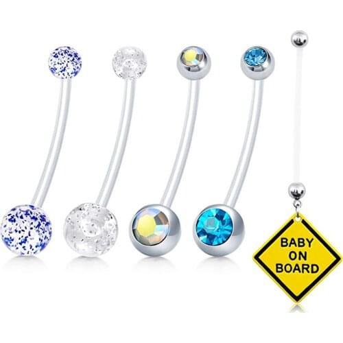 CZ Pregnancy Belly Button Rings 14G Sport Maternity Flexible Bioplast Pregnant Belly Navel Rings Retainer 1 1/2Inch Long Bar