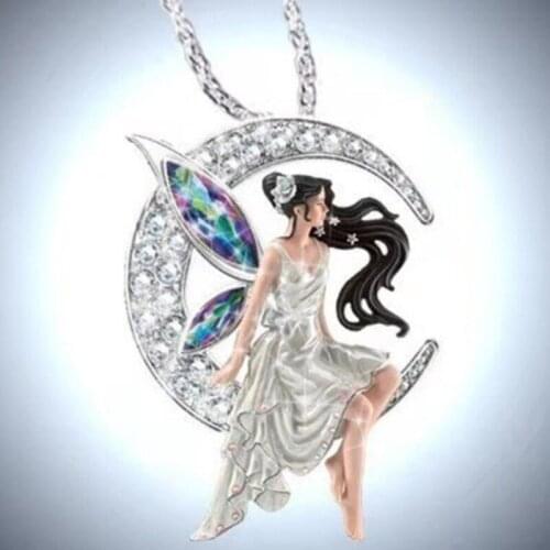 Beautiful Moon Angel Pendant Necklace Long Hair Elf Girl Fashion All-match Rhinestone Fairy Sweater Chain
