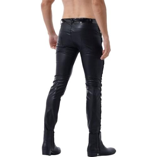 Mens Glossy Stage Pencil Pants Faux Leather Shiny Pants Leggings Fashion Low Waist Tight Trousers for Pole Dancing Rave Club