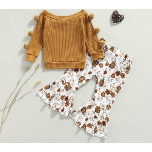 3Pcs Baby Girls Autumn Outfits, Solid Color Long Sleeves Tops + Flower Print Bell-Bottom Pants, 9 Months to 4 Years