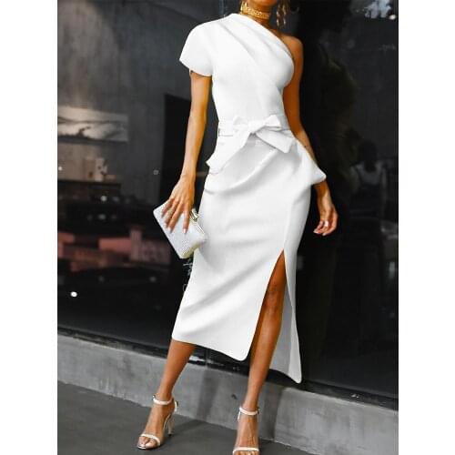 Sheinset Y2K Sexy One Shoulder Ruched Slit Irregular Hem Midi Vestidos De Fiesta Casual Daily Evening Party Dress