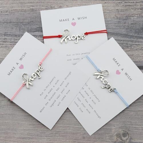 Hope charm Lucky Wish Card Rope Chain Awareness ribbon Women Bracelet for Women Men Friendship Bracelets Bangles Jewelry