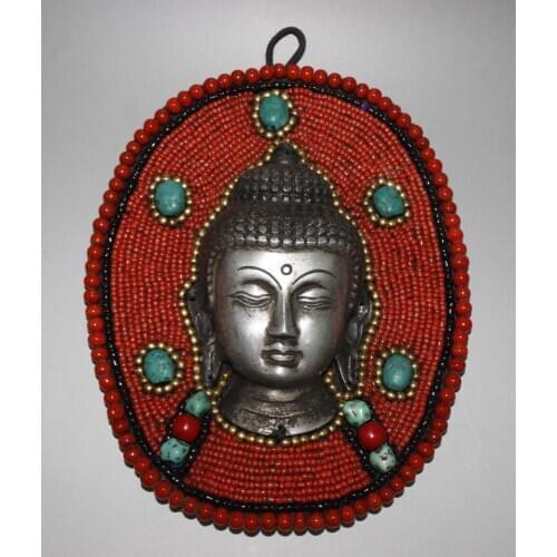 Old tibet silver Mosaic Turquoise Red Coral sakyamuni buddha statue Wall hanging decoration metal handicraft