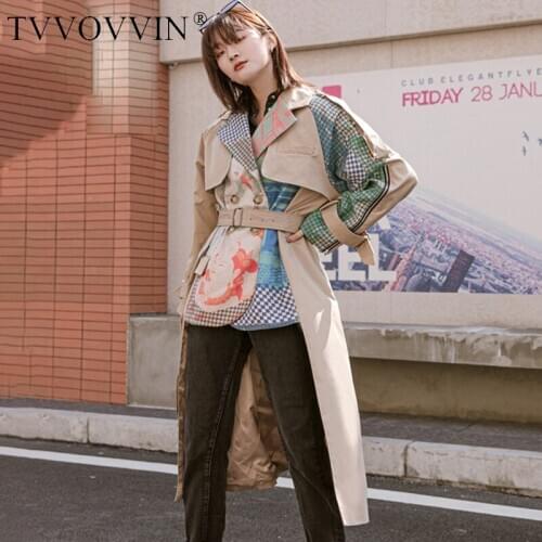 TVVOVVIN 2020 Spring New Long-sleeved Abstract Pattern Printing Stitching Fashion Ladies Irregular Hem Khaki Trench Coat KBV8