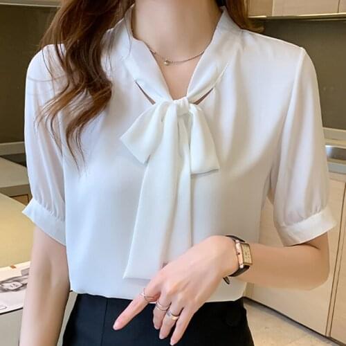 Summer Women Chiffon White Blouse Shirt Tops Short Sleeve Bow V-Neck Blouse Women Blusas Mujer De Moda 2021 Blouses Femme F66