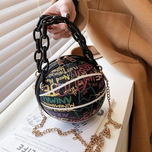 Personality Alphabet Graffiti Round Ball PU Leather Zipper Crossbody Bags for Women Chain Shoulder Bags Handbags and Purses