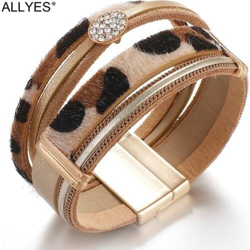 ALLYES Crystal Charm Leopard Leather Bracelets for Women Fashion Wide Mulltilayer Wrap Bracelet Animal Print Female Jewelry