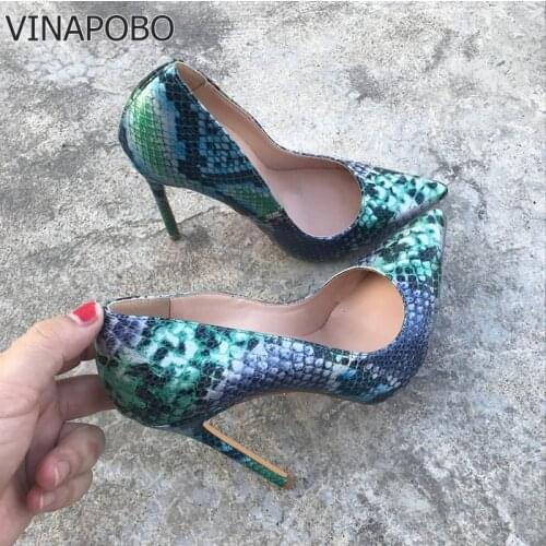 VINAPOBO 2018 NEW ARRIVE Women Shoes Blue Snake Printed Sexy Stilettos High Heels 12cm/10cm/8cm Pointed Toe Women Wedding Pumps