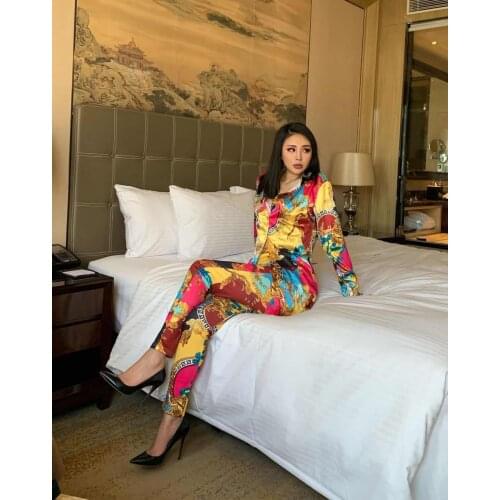 2020 Womens Suit Retro Contrasting Color Baroque Loose Long Sleeve Shirt And High Waist Pencil Pants 2 Piece Set Large Size