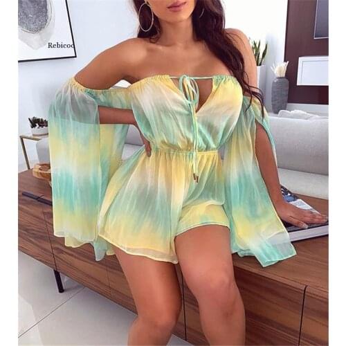 Off Shoulder Chiffion Women Rompers Drawstring Summer Print Boho Short Playsuit Backless Sexy Jumpsuit Beach Overalls