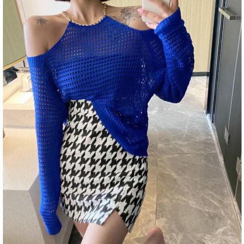 Chain Halter Collar Knitwear Autumn Women Sexy Off Shoulder Hollow Out Pullover Top Retro Long Sleeve Loose Thin Knitted Sweater