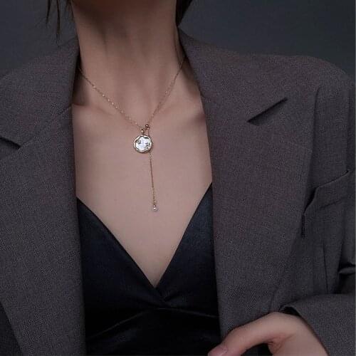 2021 pearl shell disc titanium steel necklace female ins cold wind temperament choker clavicle chain forest pendant woman