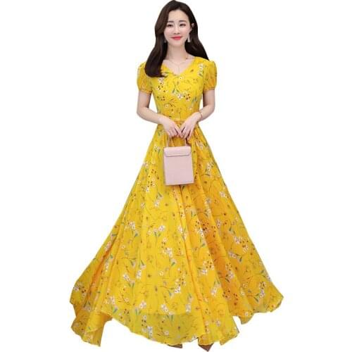 2019 summer new temperament short-sleeved v-neck chiffon floral dress womens printing long paragraph large beach dress TB190407