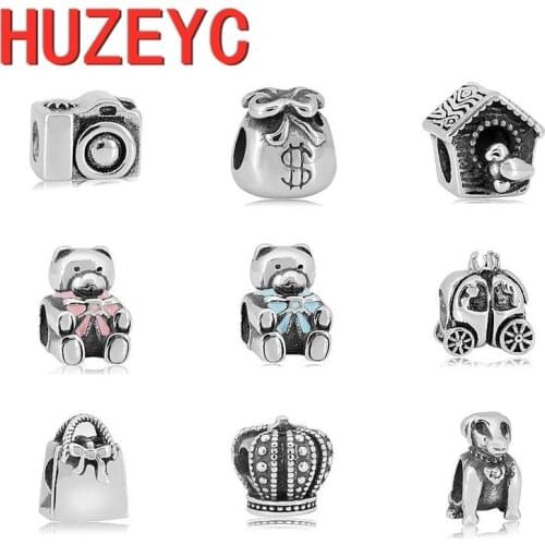 2pcs/lot New Stainless Steel Crown Pet Bear Family House Bag DIY Bead Fit Original Pandora Charm Bracelet Jewelry Accessories
