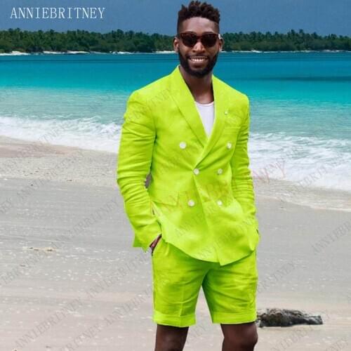 2020 Grass Green Linen Mens Suits With Shorts Summer Beach Wedding Suits For Men Custom Slim fit Groom Tuxedo Jacket Pants Set