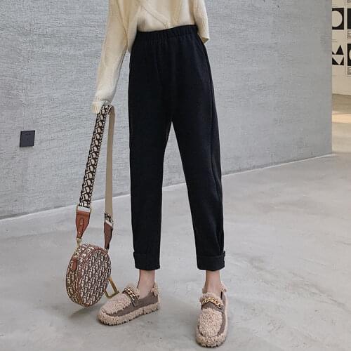2021 Auutmn Winter Women Elastic High Waist Woolen Pants Lady Thick Warm Loose Harem Pants Female Casual Solid Long Trouser K547