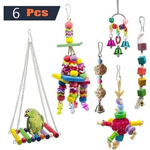6Pcs Bird Perch Swing Colorful Wood Hammock Hanging Chewing Toys for Parakeets Cockatiels Conures Macaws