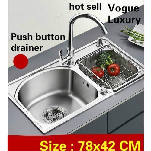 Free shipping Apartment kitchen double groove sink push button drainer luxury 0.8 mm 304 stainless steel hot sell 780x420 MM