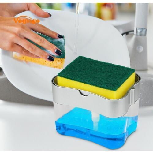 2-in-1 Soap Pump Dispenser with Sponge Holder Cleaning Liquid Dispenser Container Manual Press Soap