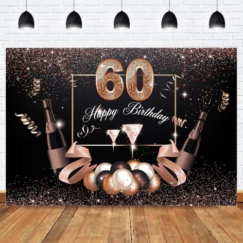 Photography Backdrop Happy 60th Birthday Glitter Bokeh Background Photo Studio Balloons Champagne Birthday Portrait Photocall