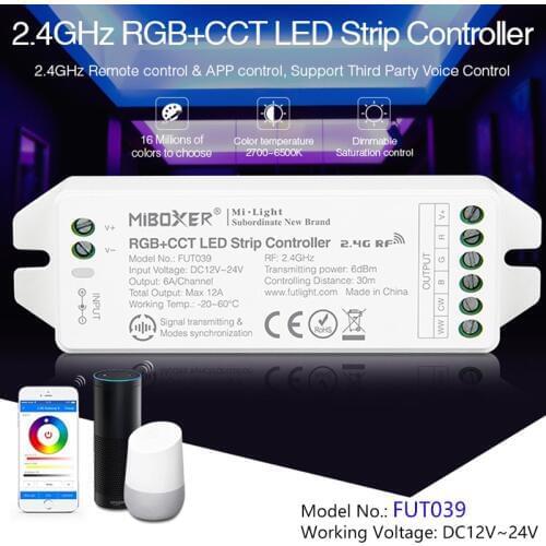 FUT039(upgrade)2.4GHz RGB+CCT LED Strip Controller DC12~24V dimmable led driver 6A/Channel Common anode can remote/voice control