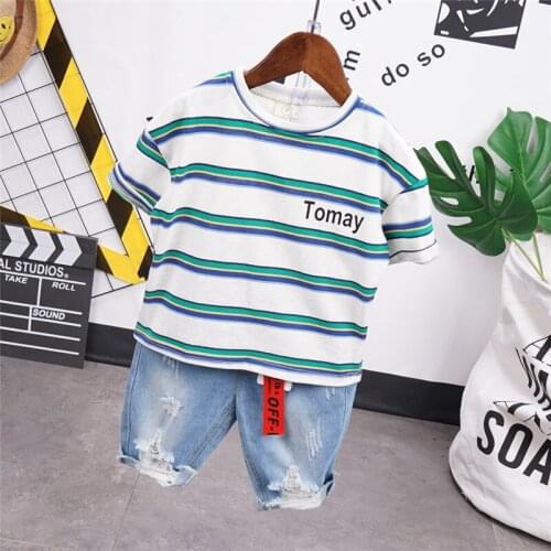 2 3 4 5 6 Y Toddler Boys Sets Casual Striped Short Sleeve T-shirt Hole Denim Shorts 2pcs Summer Baby Boy Clothing High Quality