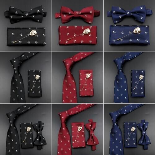 Fashion Mens Skull Tie Set New Design 8cm Polyester Suit Collar Bowtie Handkerchief Trendy Mask Brooch Luxury Wedding Accessory