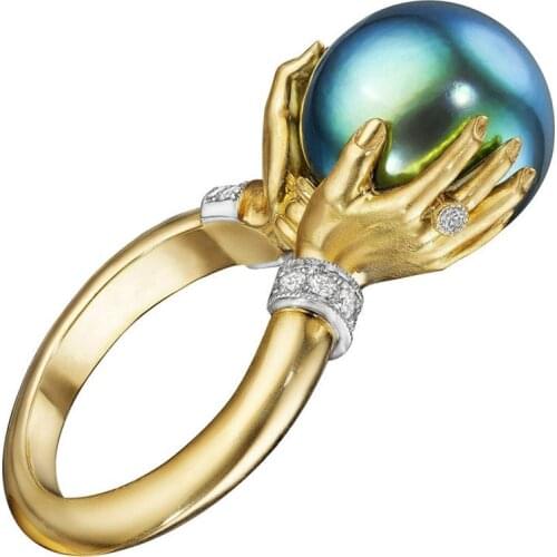 Hot Sale Fashion Ladies Imitation Black Pearl Wedding Ring Two-tone Ring Prom Gift Jewelry