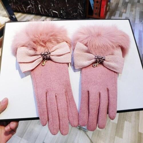 Cashmere Rabbit Fur Ladies Gloves Korean Version Bowknot Diamond 5-Character Pendant Touch Screen Five-Finger Warm Finger Gloves
