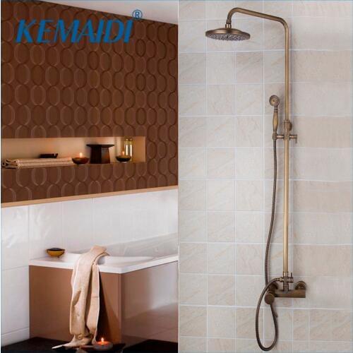 KEMAIDI Antique Brass Bathroom Rainfall Shower Head System Polished Chrome Bath & Shower Faucet Mixer Shower Set W/ Hand Spray