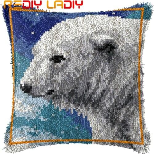 Latch Hook Cushion White Polar Bear Pillow Case Printed Color Canvas Acrylic Yarn Latched Hook Pillow Crochet Cushion Cover Kits