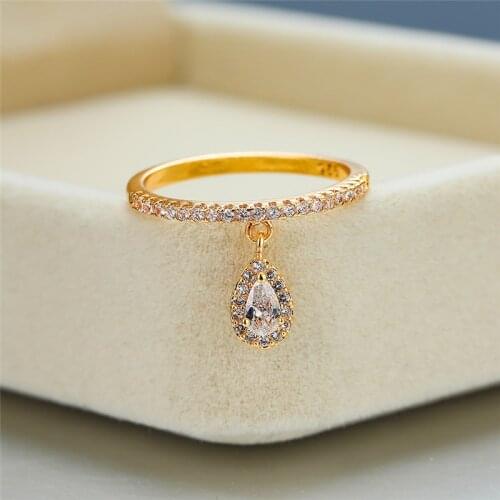 Cute Female White Crystal Pendant Ring Small Yellow Gold Wedding Rings For Women Bridal Water Drop Engagement Ring