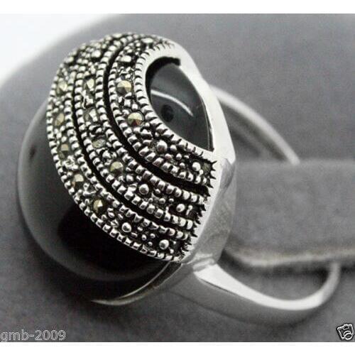 Huge 20mm Natural Black Natural jade 925 Sterling Silver Ring Size 7/8/9/10