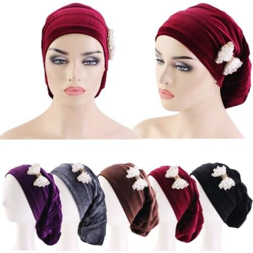 Autumn Winter Velvet Ladies Long Tube Hat Bowknot Decoration Beaded Bandana Caps Baotou Hair Hat Solid Color Home Hats Fashion