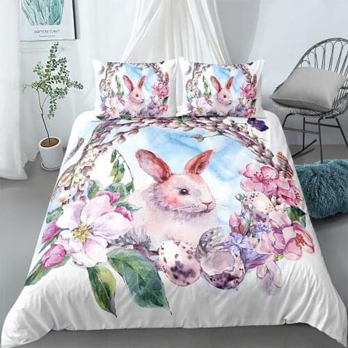 White Rabbit Bedding Set for Children Gift Eggs Haapy Easter Day Duvet Cover Set Pillowcase Queen King Size Quilt Covers Lovely