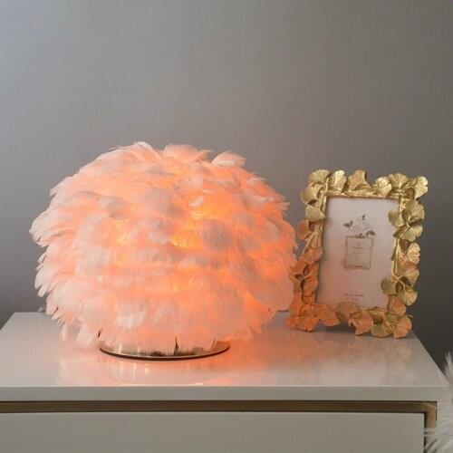 Nature White Pink Feather Table Light Remote Control Dimming Bedroom Bedside Lamps for Study Wedding LED Decorative Lighting