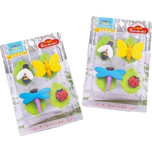10 set/lot Creative Butterfly Bee Insects blister-card eraser / rubber eraser suit / student eraser/toy children gift/stationery