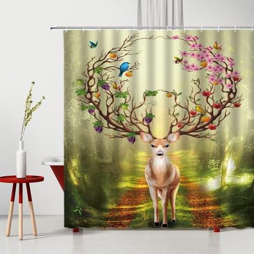 Merry Christmas Elk Shower Curtain Misty Forest Creativity Flower Deer Pattern Bathroom Decor Polyester Washable Bath Curtains