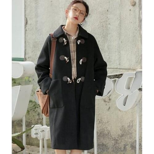 Turn Collar Horn Button Jacket Woolen Coat New Female Mid-long Korean College Style Warm Womens Woolen Spring Autumn Overcoat