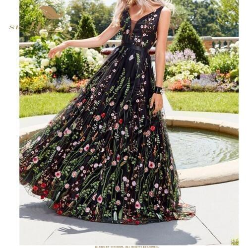SISHION 2021 Backless Deep V Neck Sexy Dress VD1213 Women Floral Flower Embroidered Stage Swing Long Black Party Club Dresses